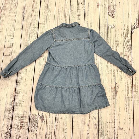 Free People Nicole Shirt Dress Small Blue Denim Tiered Mini Boho Long Sleeve - Picture 2 of 9